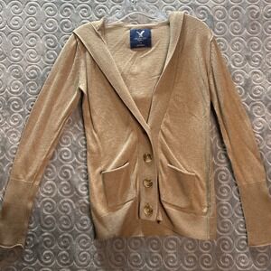 AmericanEagleOutfitters Tan HoodedCardiSweater S Small‎ V Neck Button Front